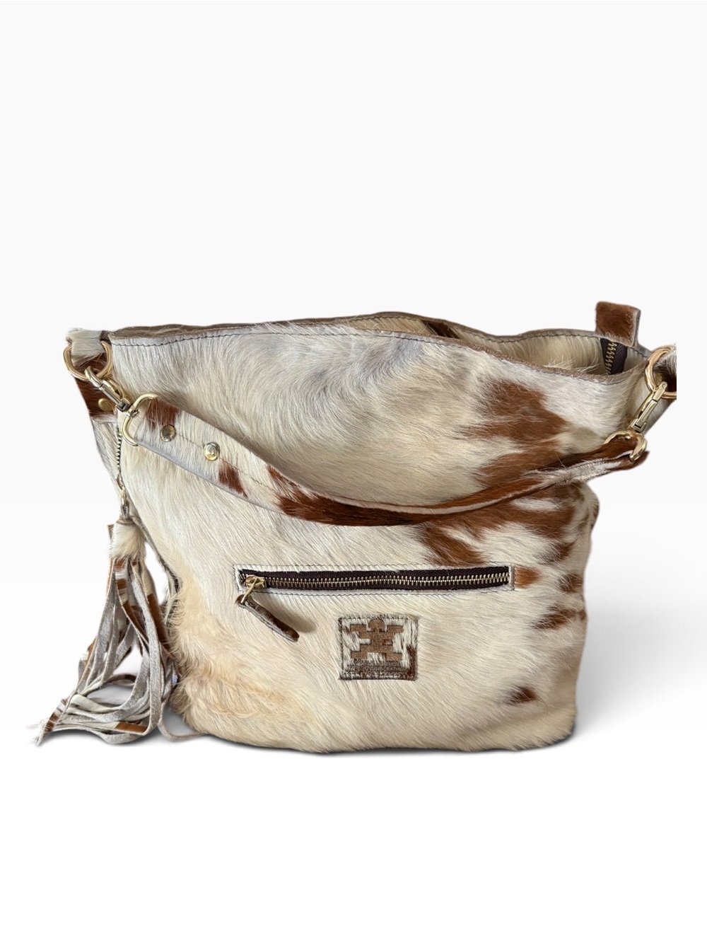 Charlie Leather Genuine Hair-on-Hide Cowhide Fringe Shoulder Bag Brown White - Picture 3 of 14